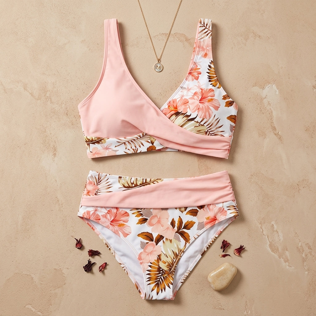MaraisBelle™ – Tropical Floral Wrap-Front Bikini Set with High-Waisted Ruched Bottom