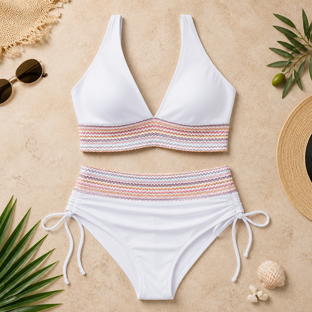 SolaraWave™ – High-Waist Tummy-Control Bikini with Chevron Smocked Band