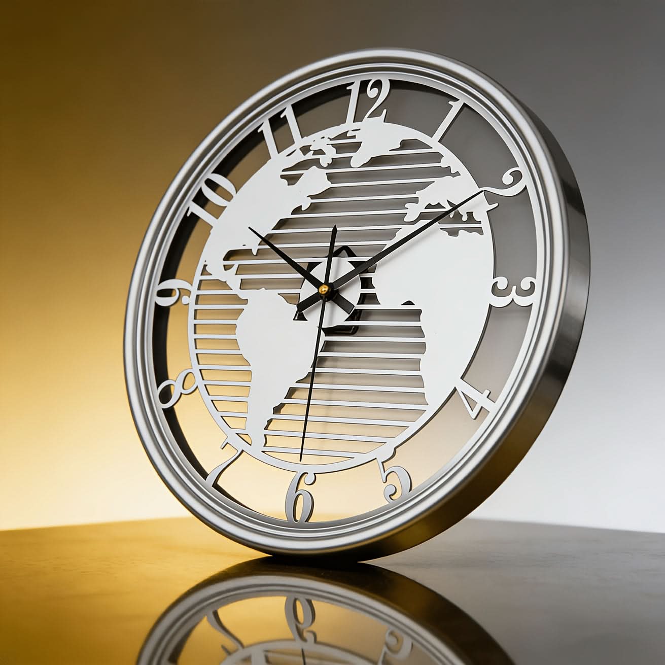 Silent Metal Wall Clock Featuring World Map Design