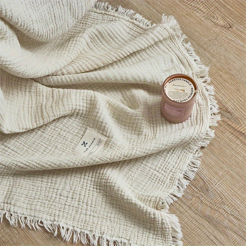 BreezyCotton – Luxurious 4-Layer Cotton Gauze Throw with Chic Fringe