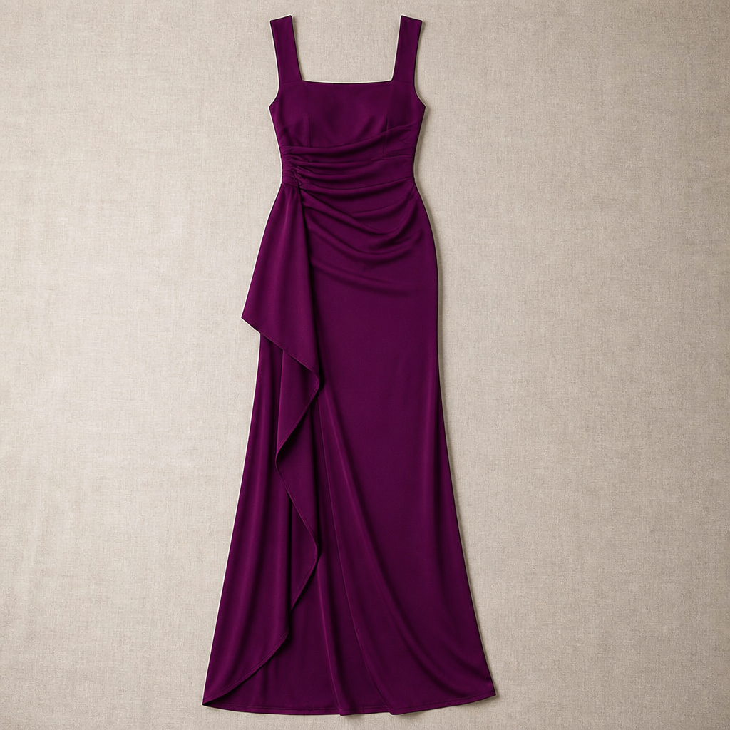 LuminaLuxe™ – Elegant Square-Neck Ruched Maxi Dress with High Thigh Slit