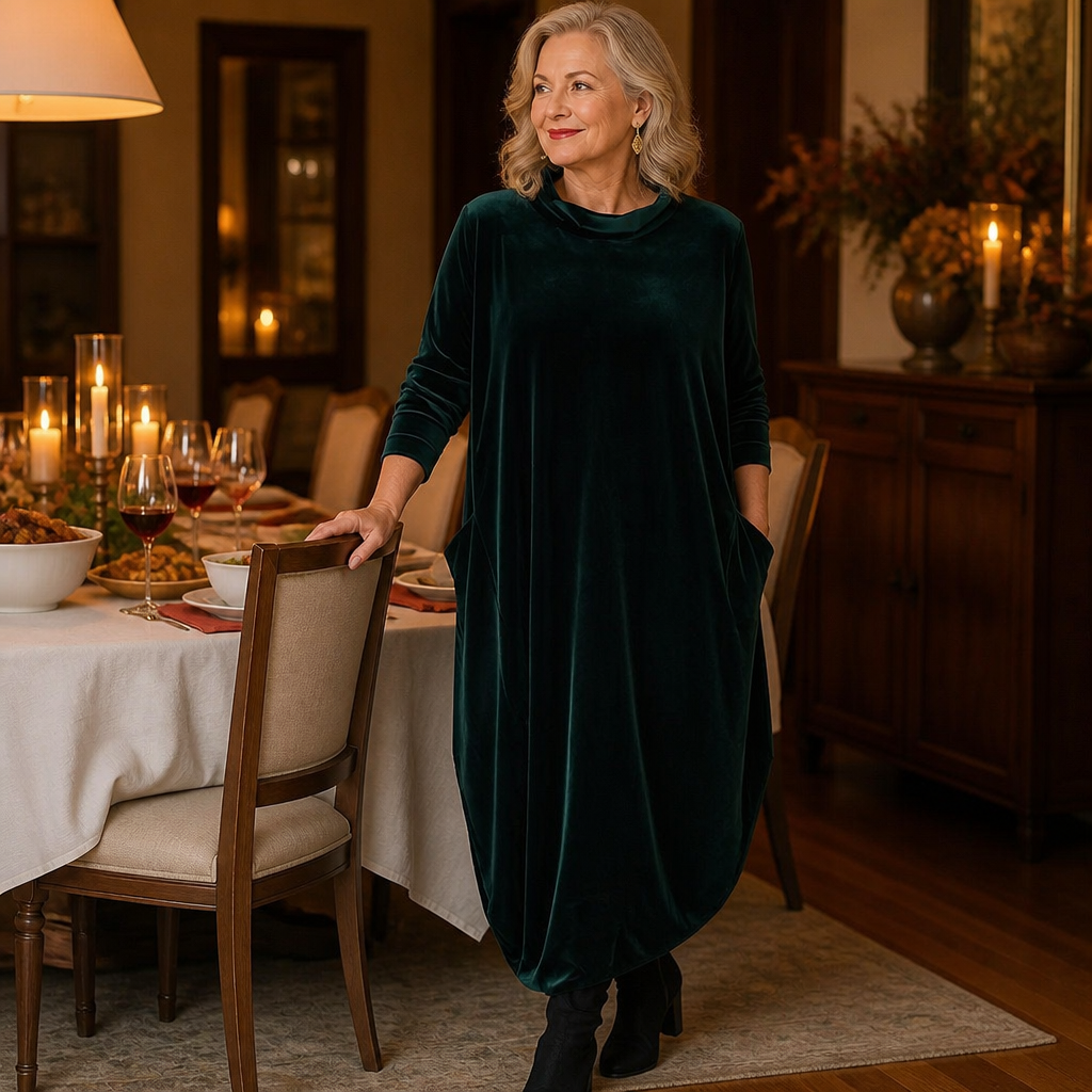 VioraForm™ – Velvet Cocoon Maxi Dress with Mock-Neck and Side Pockets
