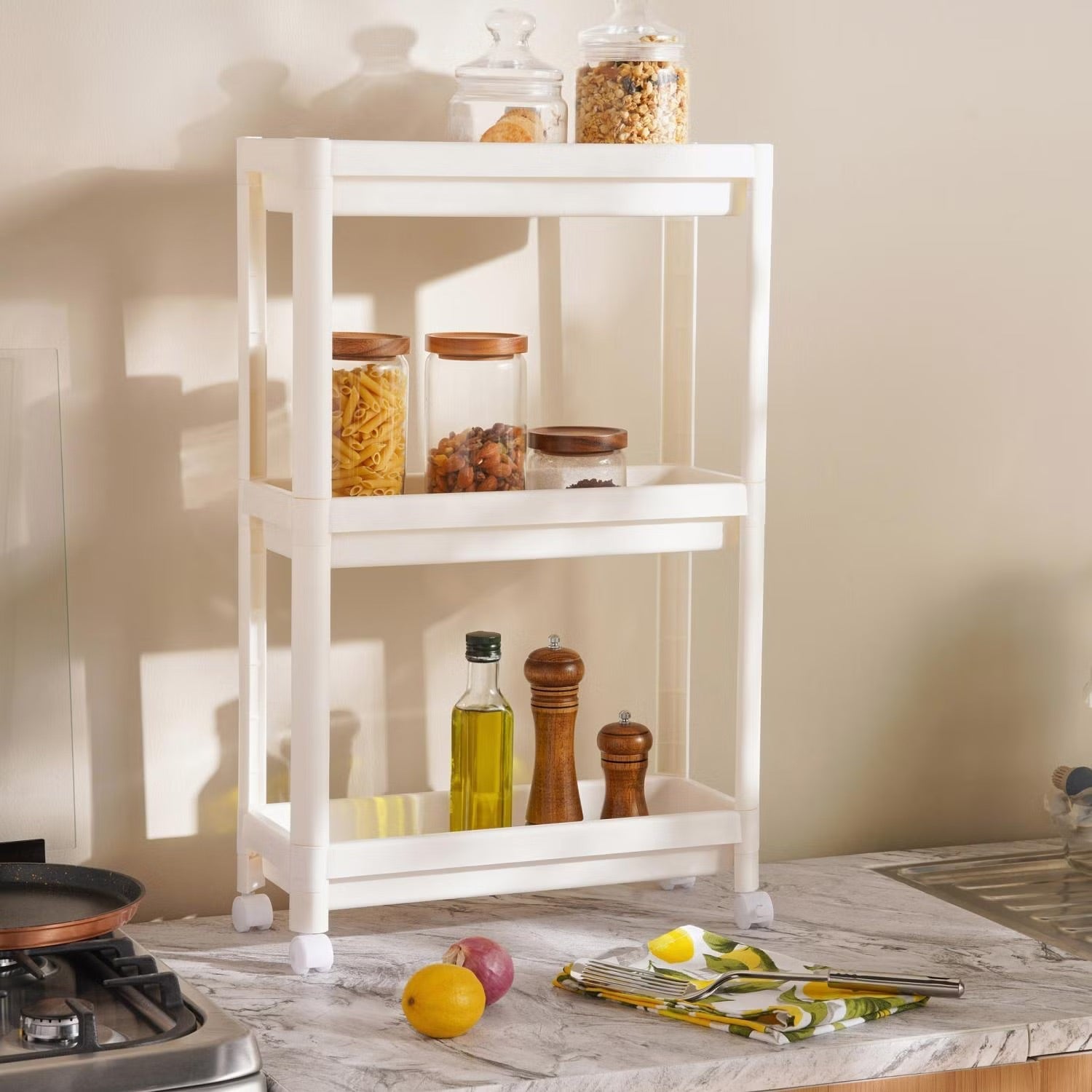 Compact 3-Tier Kitchen Organizer with Wheels for Small Spaces