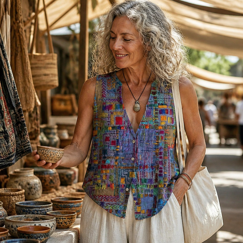 ViviaHue™ – Artistic Patchwork Buttoned Sleeveless V-Neck Blouse