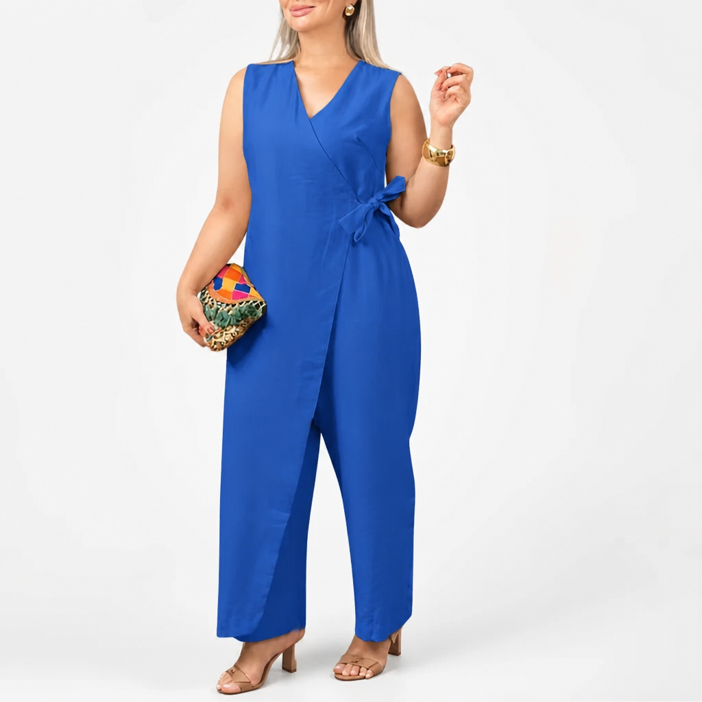 SereneSilhouette™ – Chic Sleeveless Wrap-Front Jumpsuit Featuring Side Tie