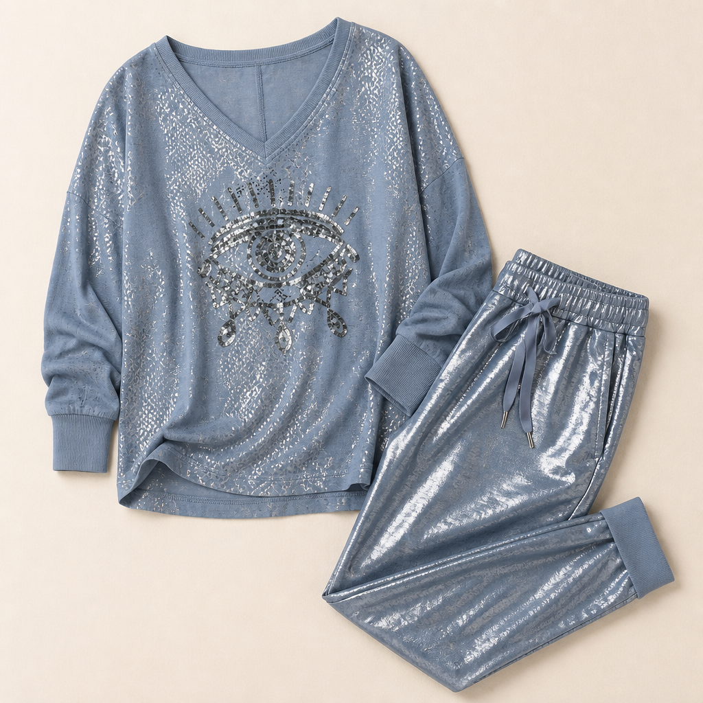 LumaDaze™ – Sequin Evil Eye Top with Metallic Shine Pants Set