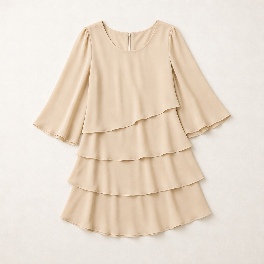 LumaBella™ – Sophisticated Layered Chiffon Dress with Flowing Bell Sleeves