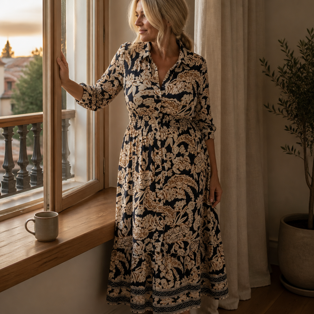 BloomAura™ – Retro Block-Print Shirt Dress with Smocked Waist