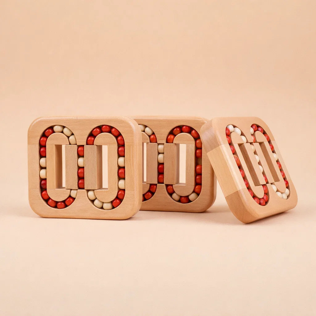 Wooden puzzle game with rotating pieces