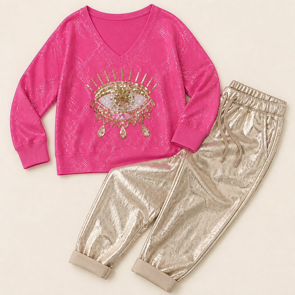 LumaDaze™ – Sequin Evil Eye Top with Metallic Shine Pants Set