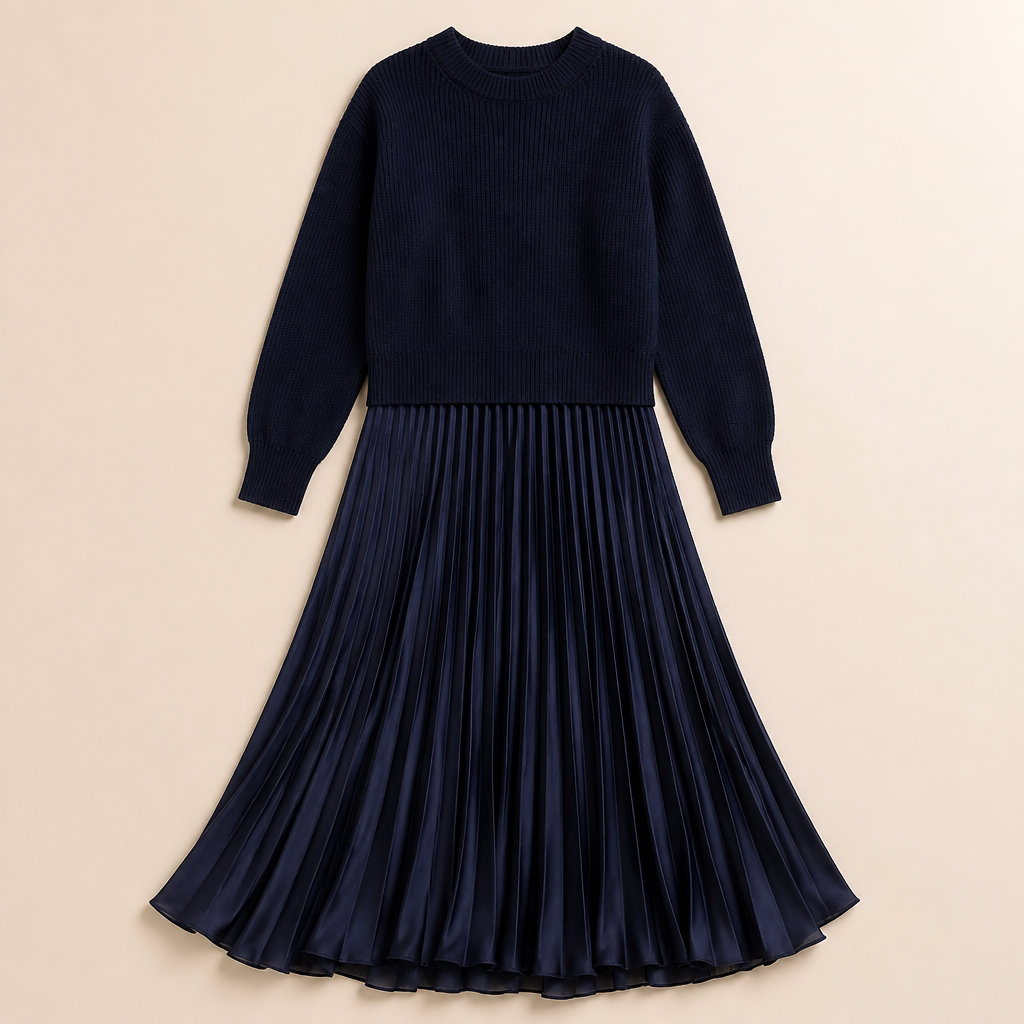 VelaLift™ – Chic Pleated Maxi Skirt Ensemble with Cropped Knit Top