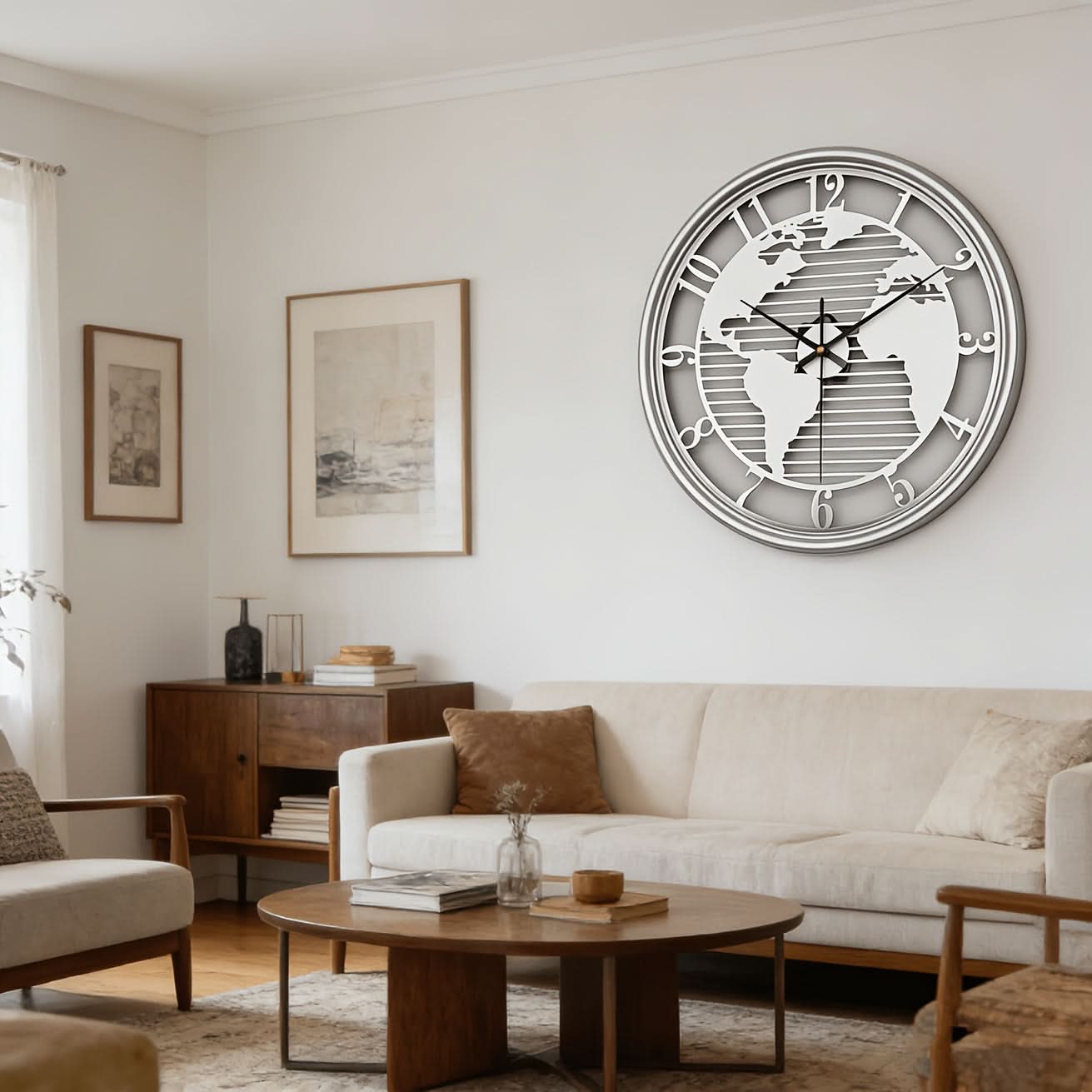 Silent Metal Wall Clock Featuring World Map Design