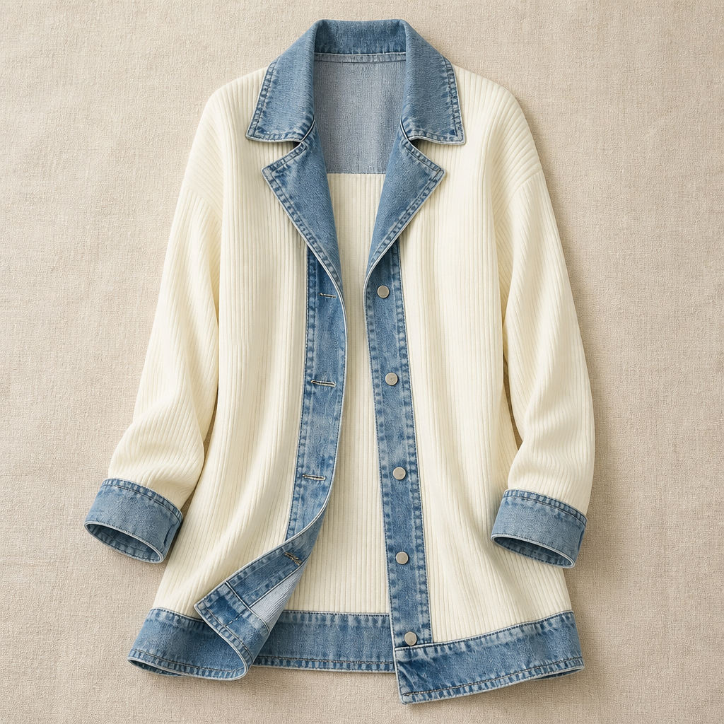 SolaceRidge™ – Soft Ribbed Knit Jacket with Contrast Denim Trim