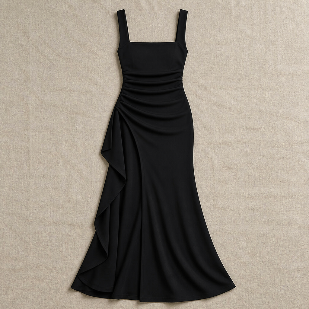 LuminaLuxe™ – Elegant Square-Neck Ruched Maxi Dress with High Thigh Slit