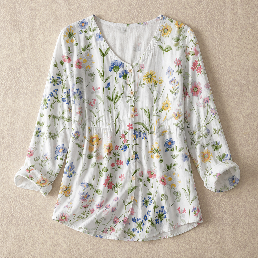 SerenLuxe™ – Breezy Cotton-Linen Floral Shirt with V-Neck