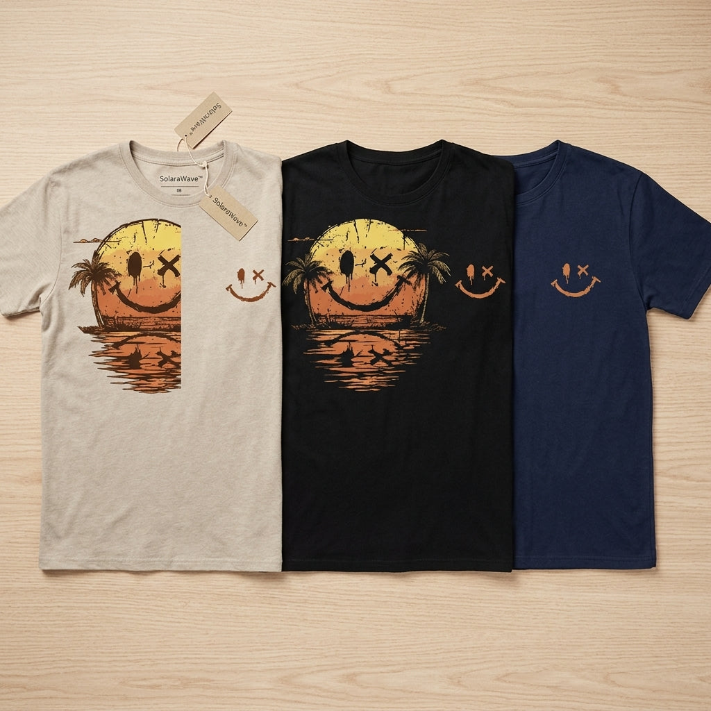 SolaraWave™ – Retro Sunset Smiley Graphic Tee with Front & Back Print