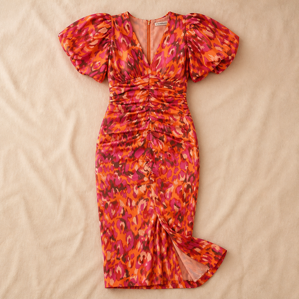 LuminaLuxe™ – Vibrant Printed Midi Dress with Puff Sleeves