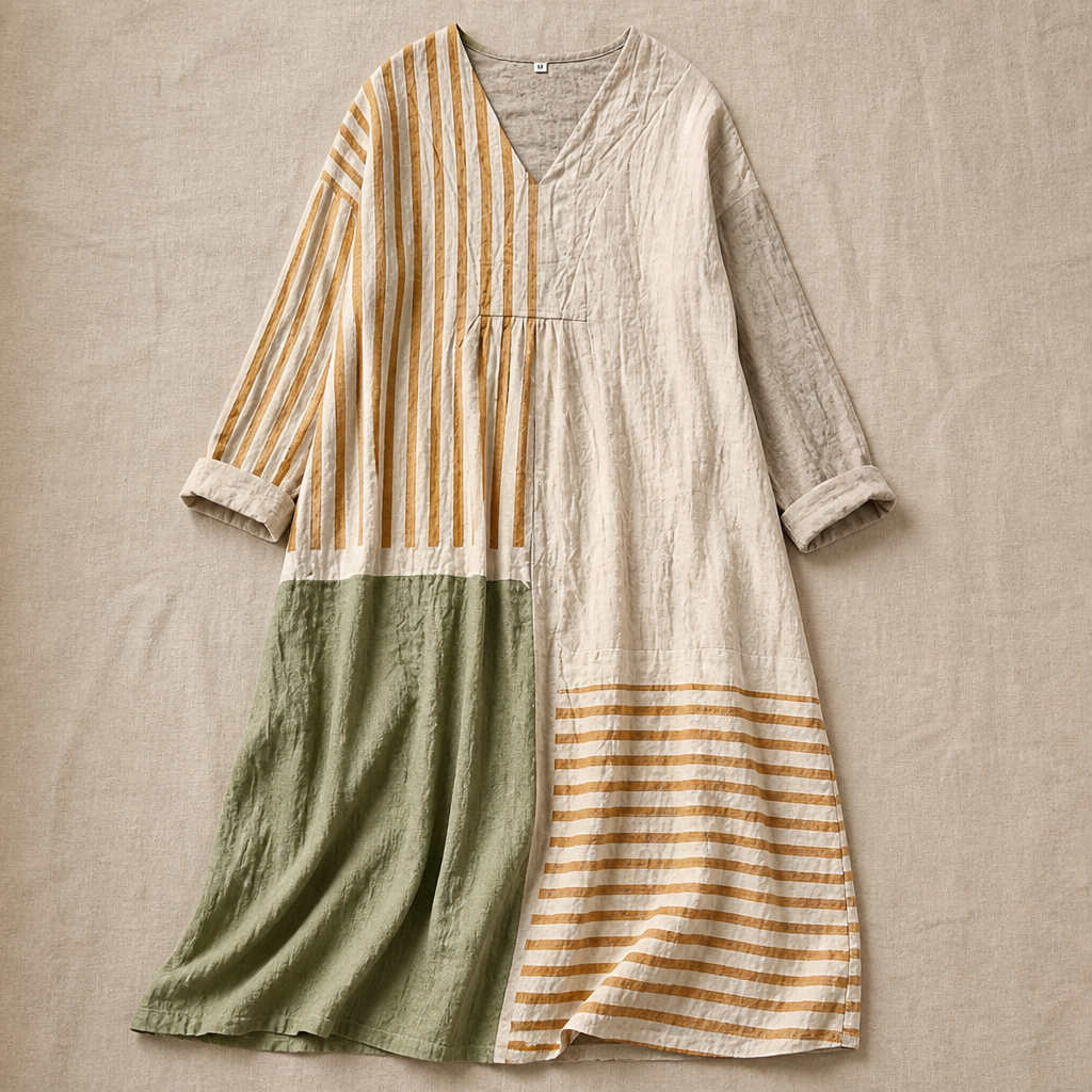 ZephyraFlow™ – Relaxed Striped Patchwork Linen Maxi Dress