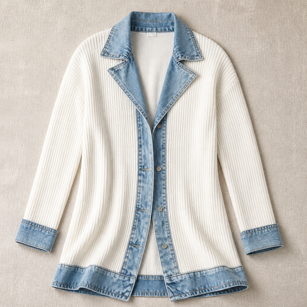 SolaceRidge™ – Soft Ribbed Knit Jacket with Contrast Denim Trim