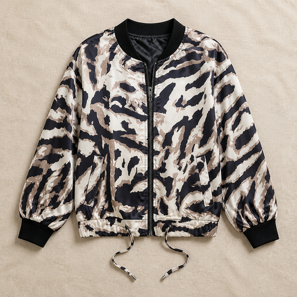 SavaraStrike™ – Bold Zebra Print Bomber Jacket with Full-Length Zip
