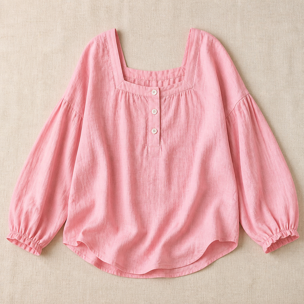 LumaFemme™ – Breezy Square-Neck Puff Sleeve Cotton-Linen Blouse