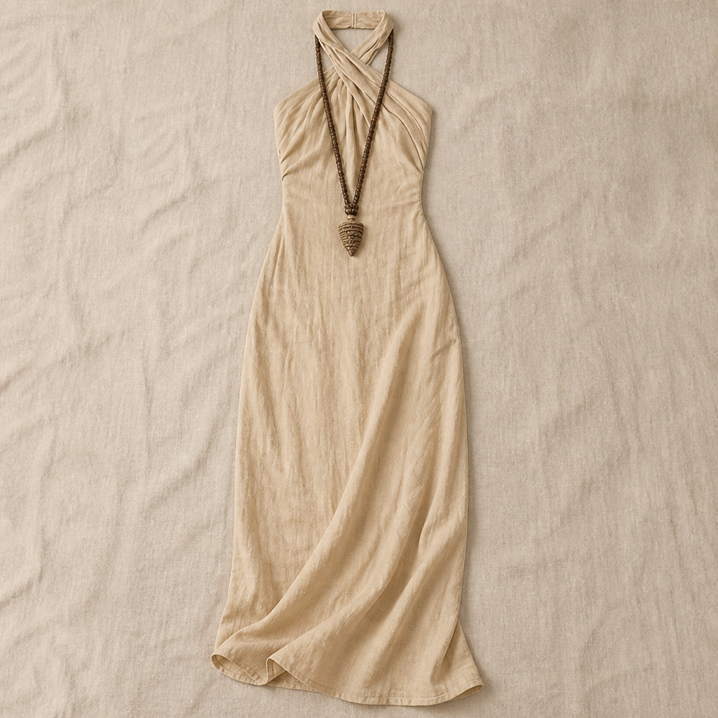 LioraEase™ – Flowy Linen Halter Maxi Summer Dress