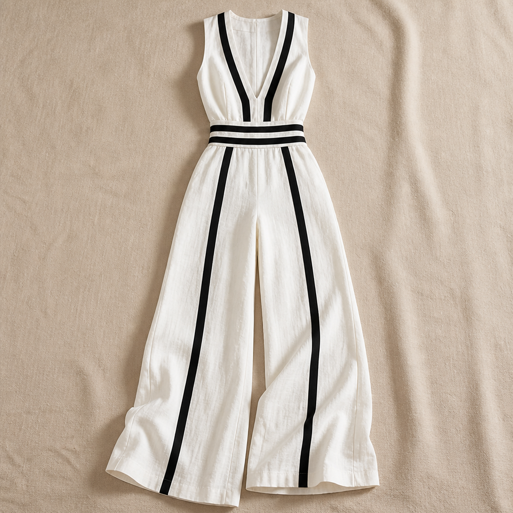 SilhouetteLuxe™ – Breathable Linen Wide-Leg Jumpsuit with Contrast Waistband