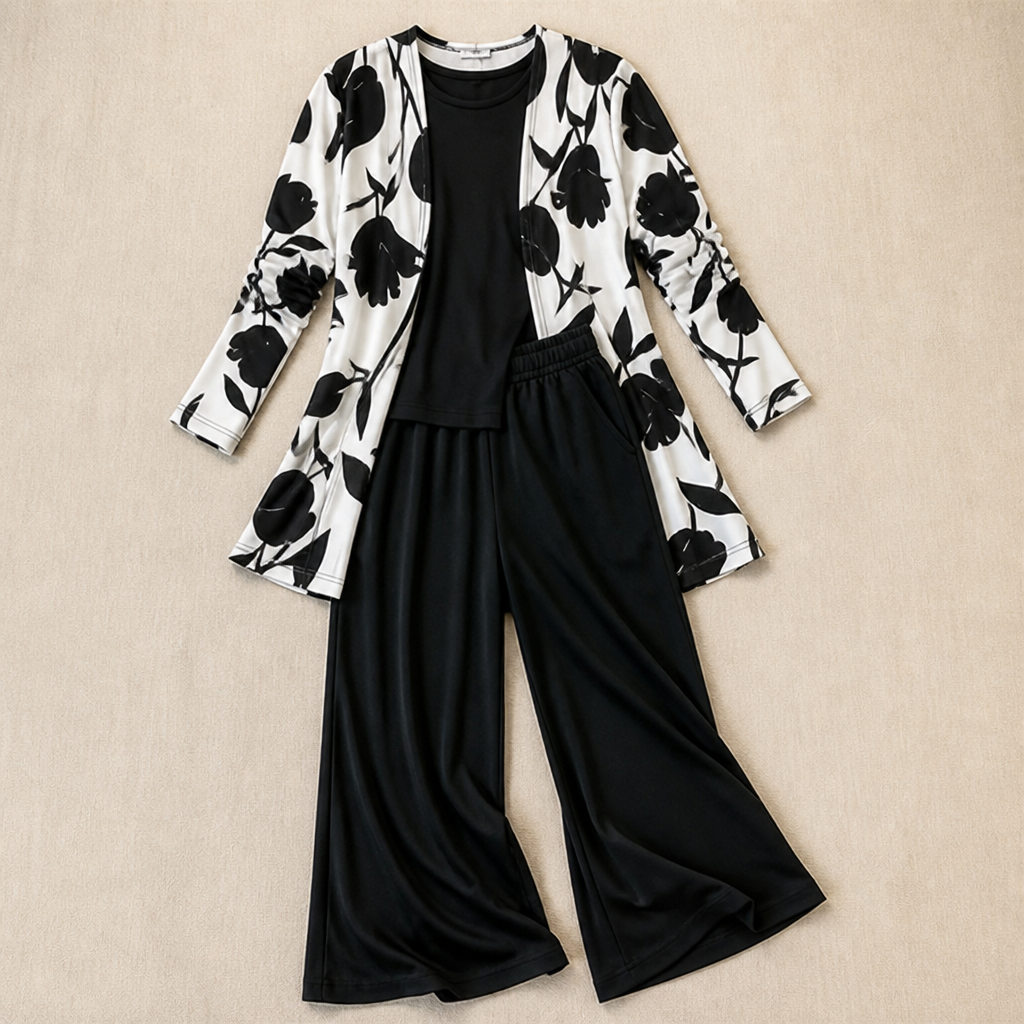 VelaLuxe™ – Elegant 3-Piece Set with Floral Cardigan & Wide-Leg Pants