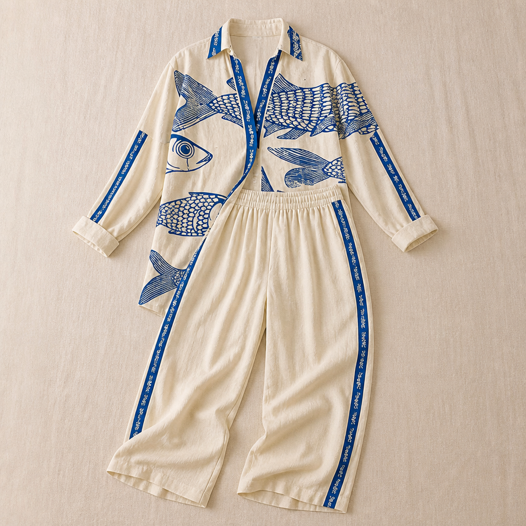 Miralina™ – Relaxed Linen Fish-Print Set with Wide-Leg Pants