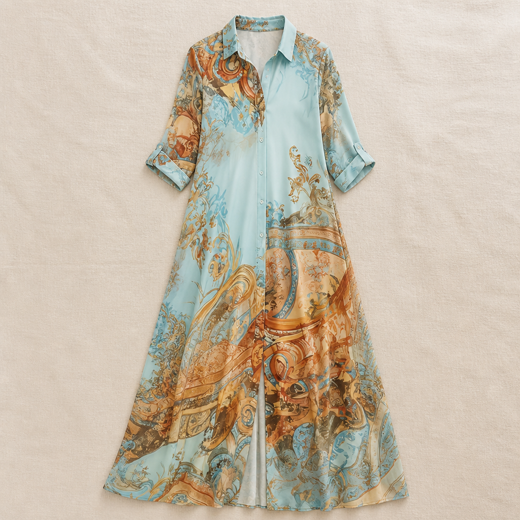 Seabreeze Serenade™ – Flowy Mediterranean-Print Maxi Shirt Dress with Side Slit