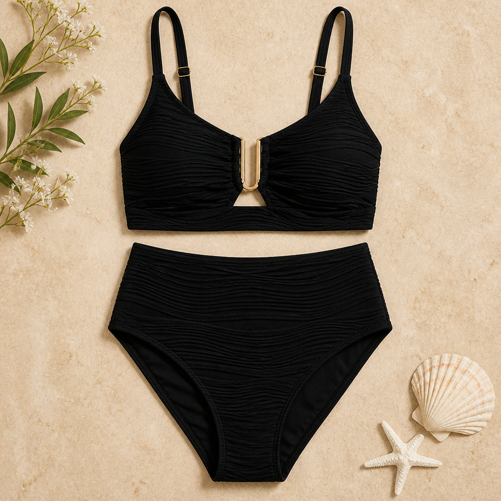 VeloraCurve™ – High-Waist Tummy-Control Bikini Set with Gold U-Wire