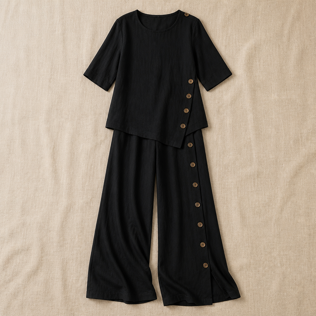 SilkaLuxe™ – Relaxed Linen-Feel Two-Piece Set with Asymmetric Button Hem