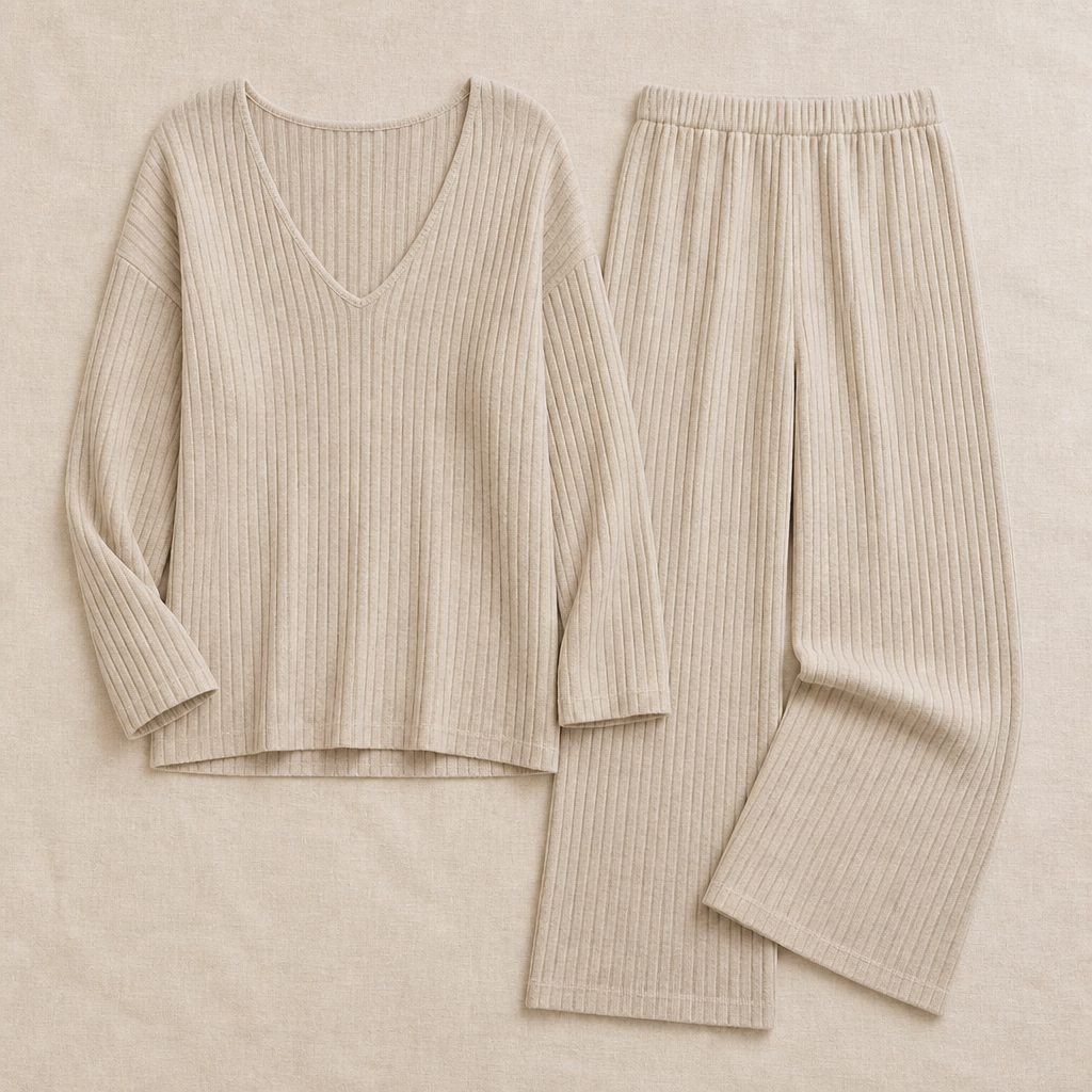 Serelis™ – Soft Ribbed V-Neck Lounge Set Featuring Wide-Leg Pants