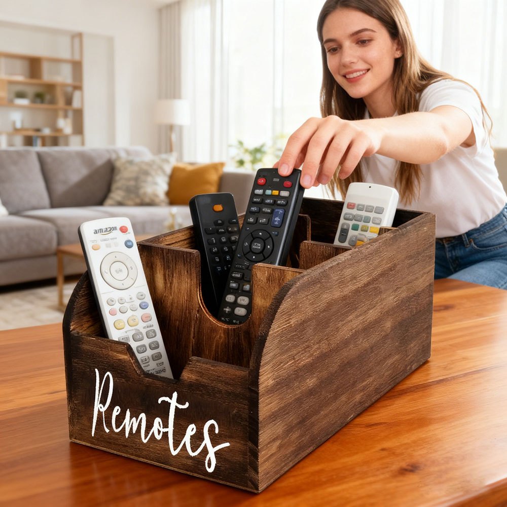 Clutter-Free Living: 4-Section Wooden Remote Control Holder