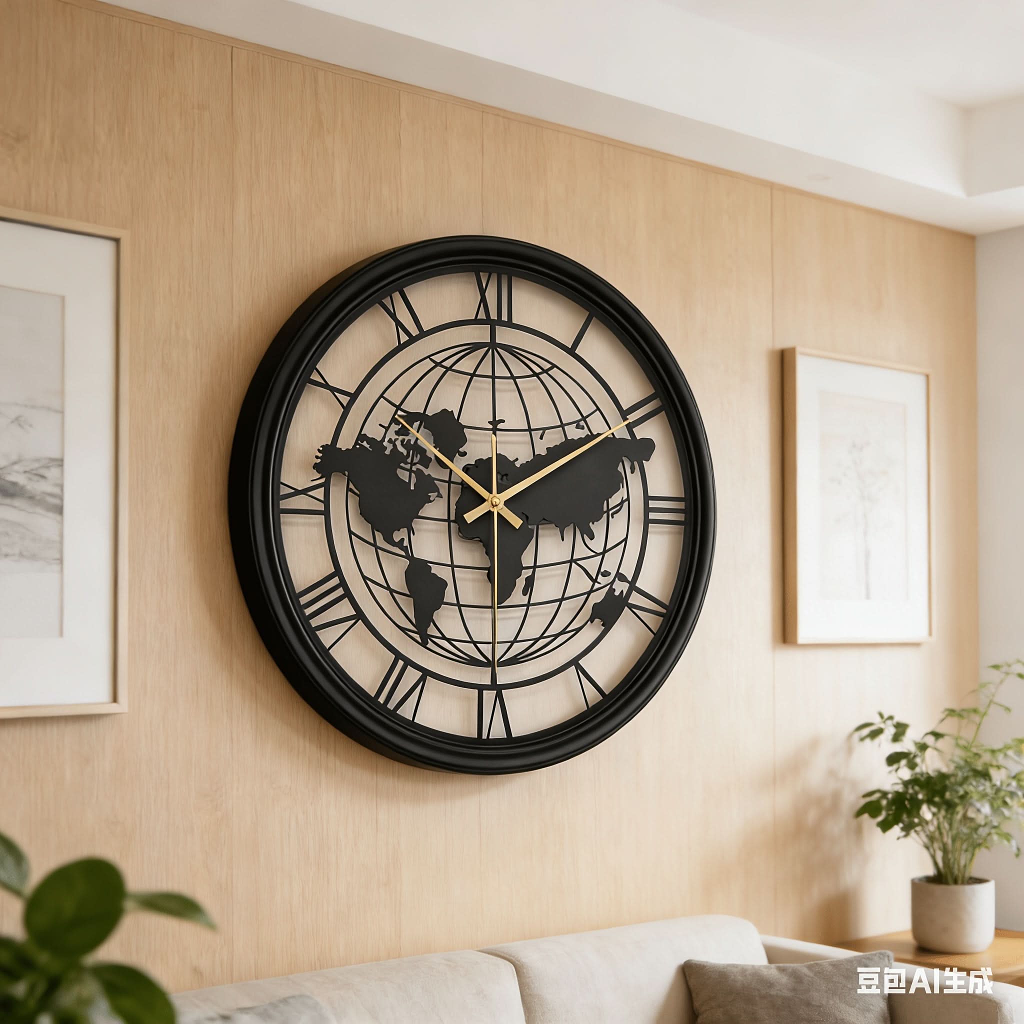 Silent Metal Wall Clock Featuring a Roman World Map Design