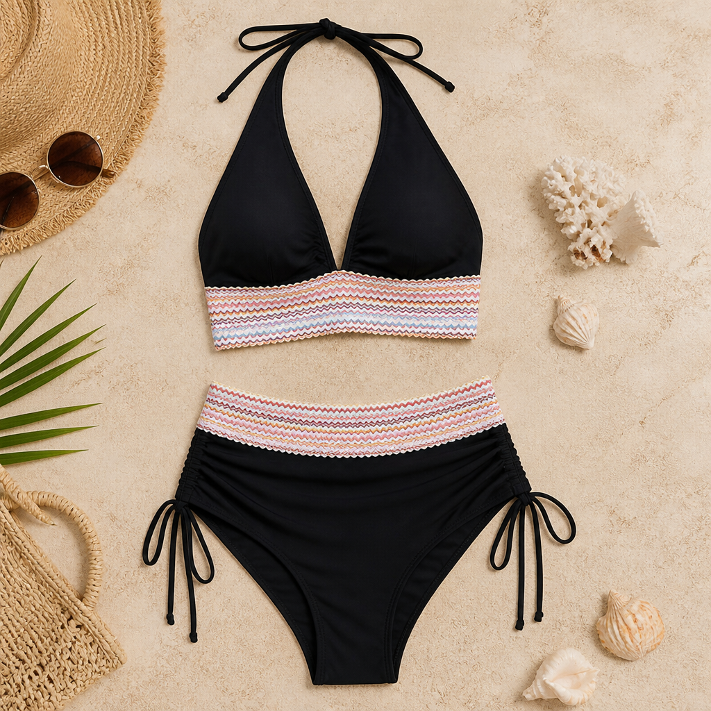 SolaraWave™ – High-Waist Tummy-Control Bikini with Chevron Smocked Band