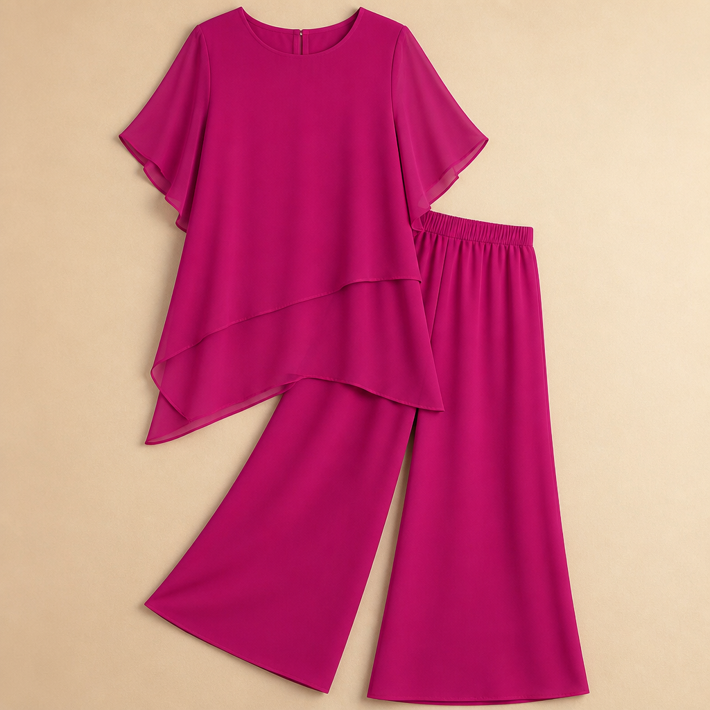 VeloraFit™ – Stylish Asymmetric Chiffon Two-Piece Pant Ensemble