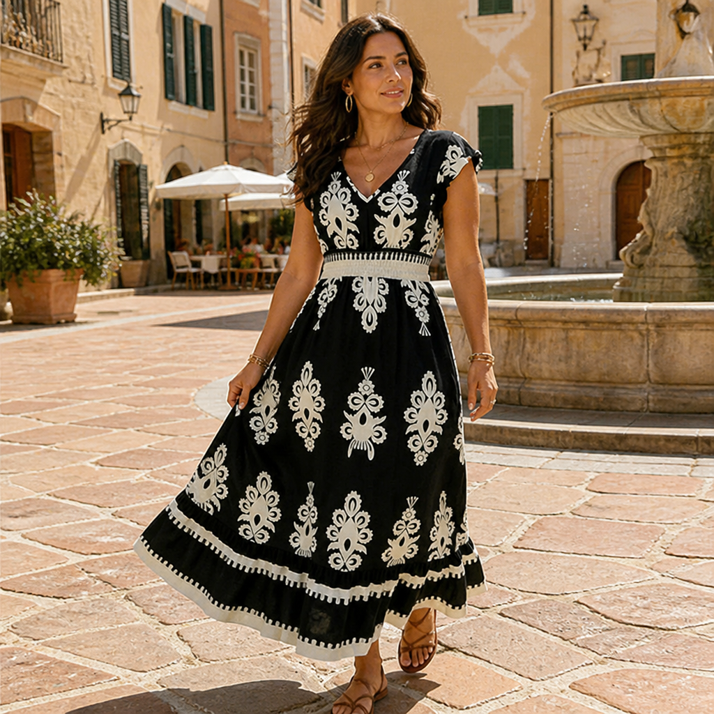 LuminaSway™ – V-Neck Maxi Dress with Vintage Baroque Print