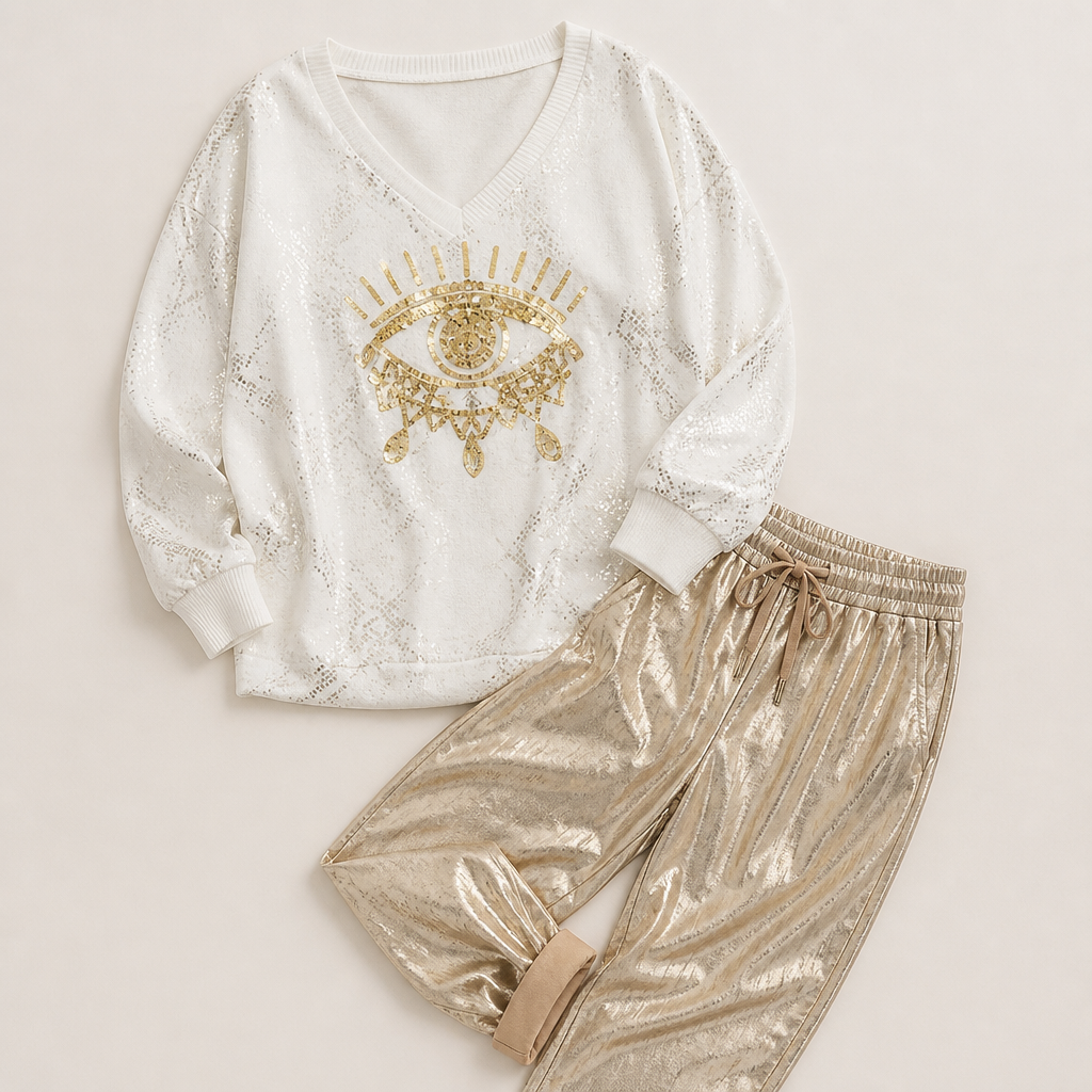 LumaDaze™ – Sequin Evil Eye Top with Metallic Shine Pants Set