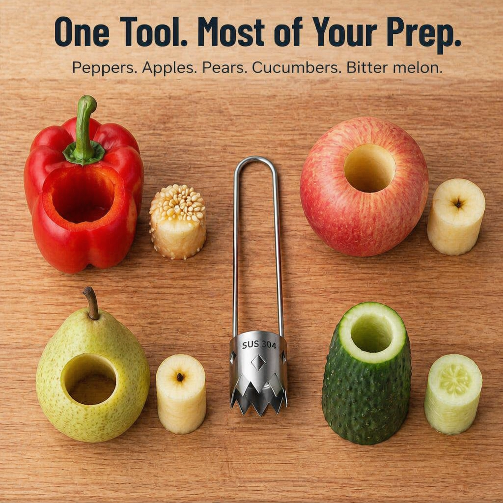 CoreEase™ — Cleanly Twist to Hollow Peppers, Apples & Pears in One Go
