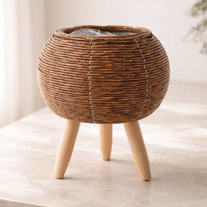 Flower Planter with Wooden Stand | Basket Weave Texture | Ideal for Indoor and Outdoor | Plantara