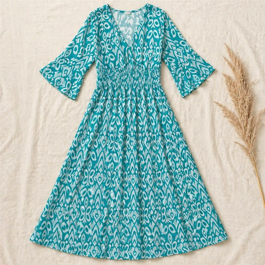 Majestella™ – Flowy V-Neck Midi Dress with Smocked Waist