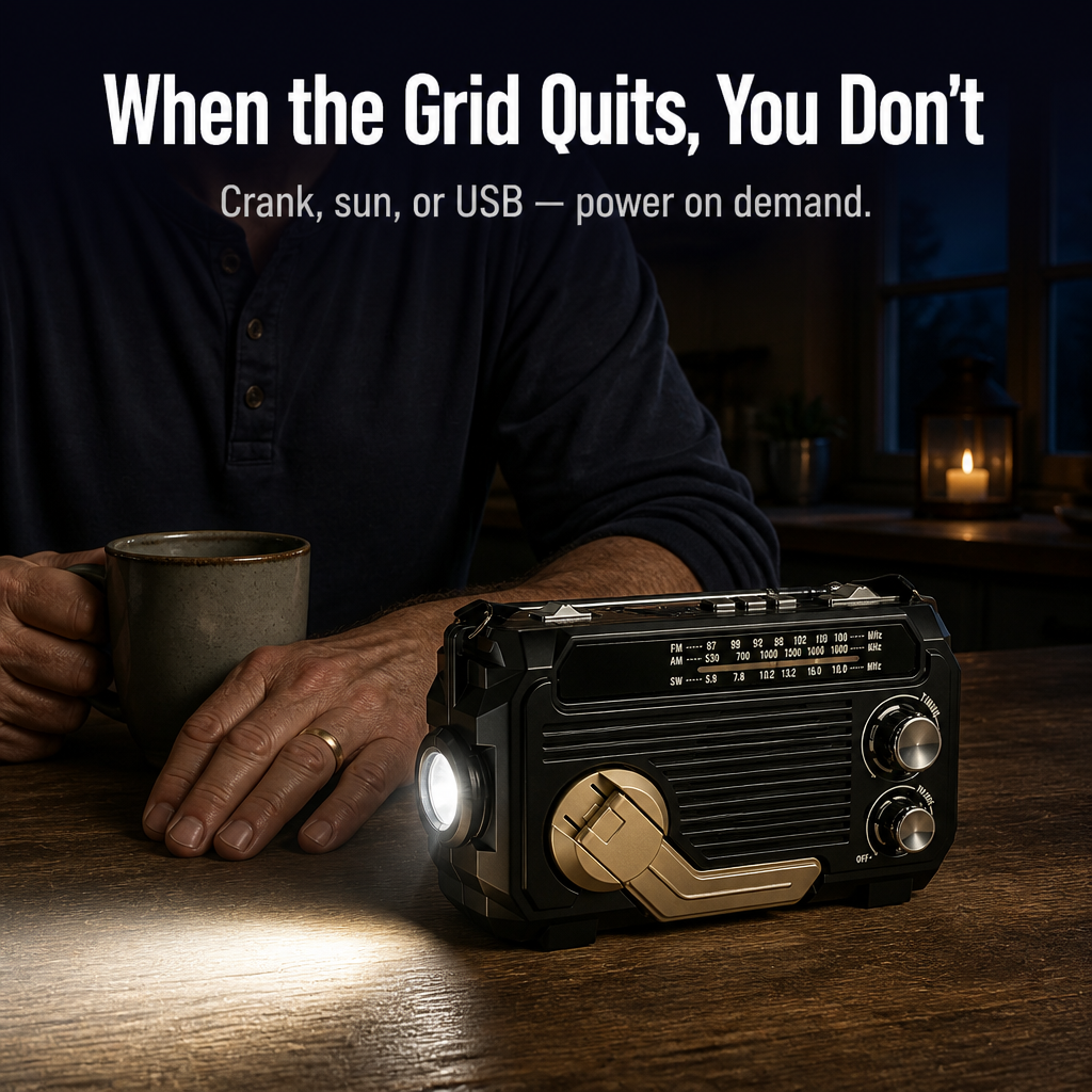 VoltGuard™ — Power Light, Radio, and SOS Via Crank, Sun, or USB
