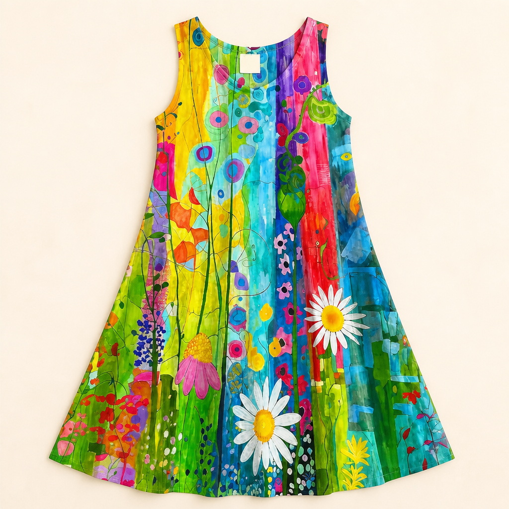 LuminaLuxe™ – Sleeveless A-Line Dress with Hand-Painted Florals