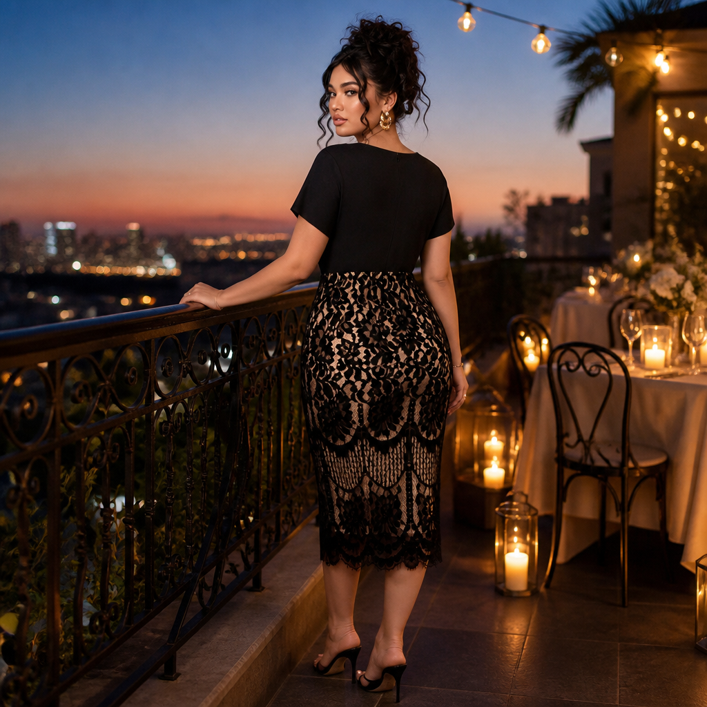 AriaLuxe™ – Lace Midi Dress with V-Neck Wrap Top, Curve-Enhancing Silhouette