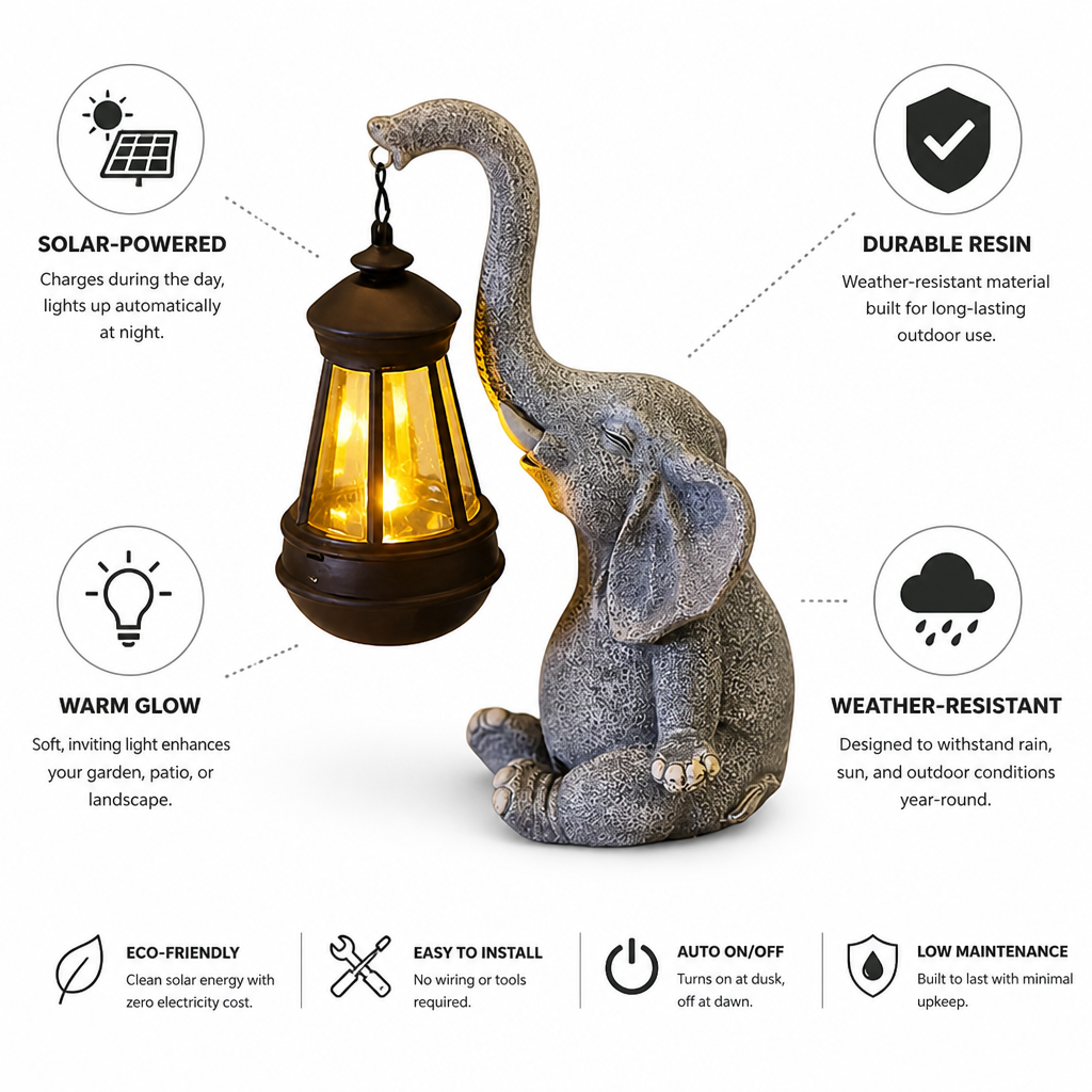Solar-Powered Resin Warm-Glow Garden Lantern (Elephant Design)