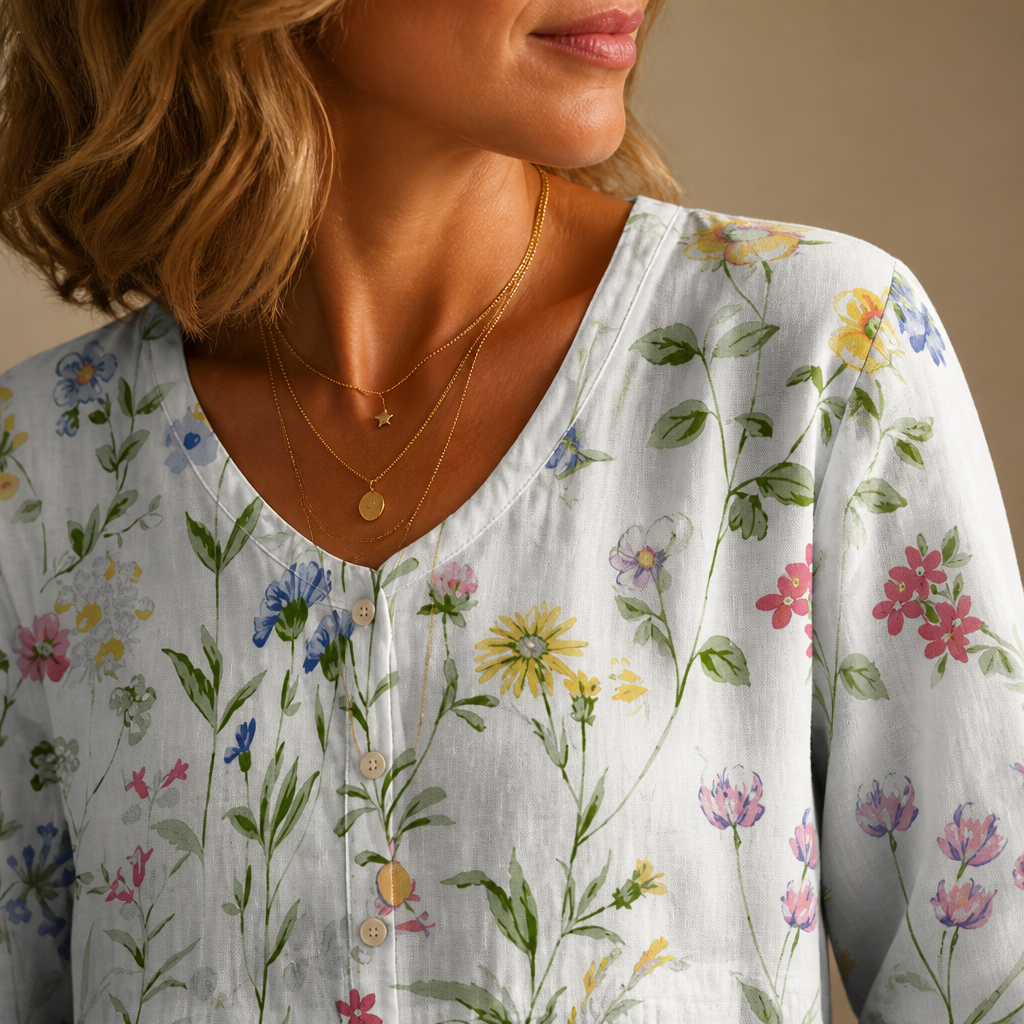 SerenLuxe™ – Breezy Cotton-Linen Floral Shirt with V-Neck