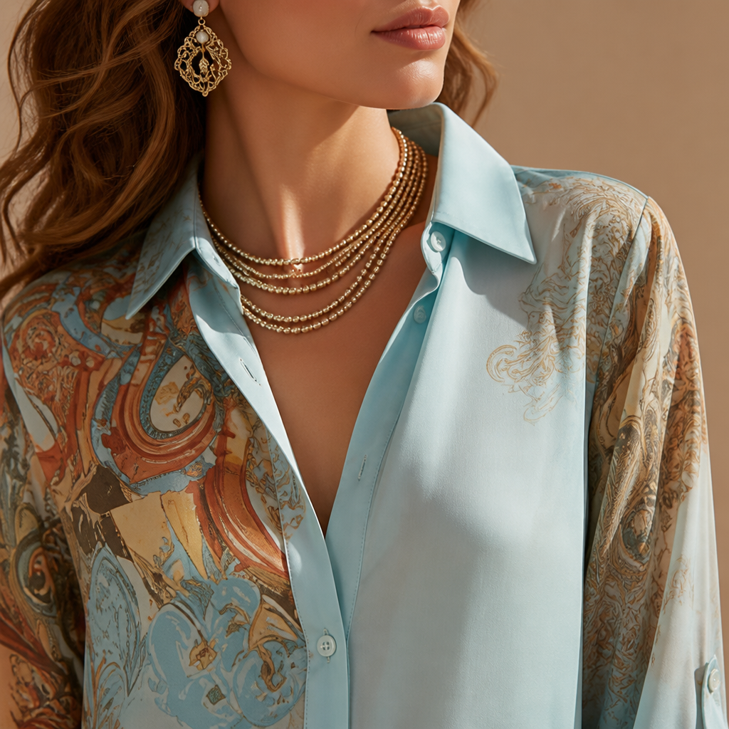 MarabellaMist™ – Flowy Mediterranean-Print Maxi Shirt Dress