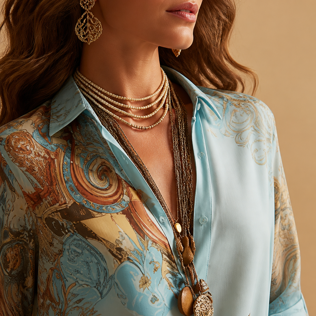 Seabreeze Serenade™ – Flowy Mediterranean-Print Maxi Shirt Dress with Side Slit