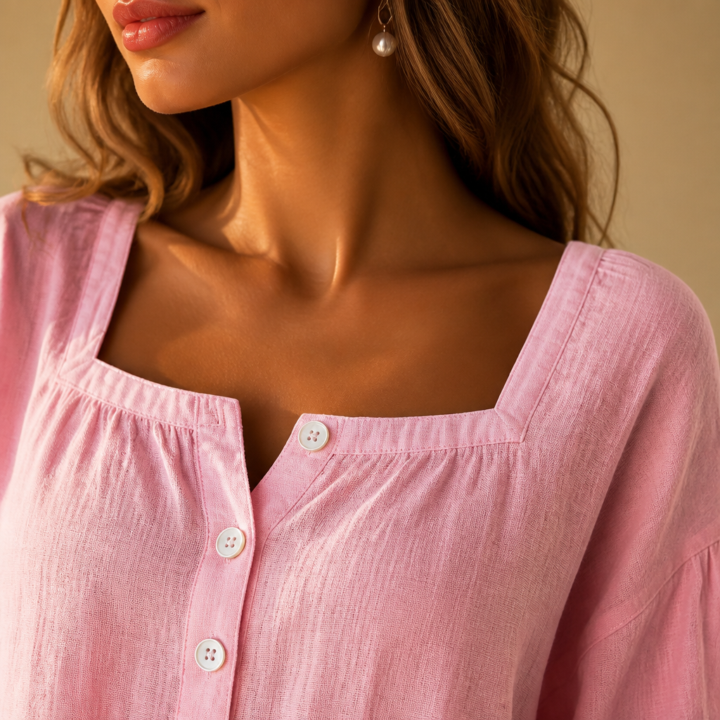 LumaFemme™ – Breezy Square-Neck Puff Sleeve Cotton-Linen Blouse